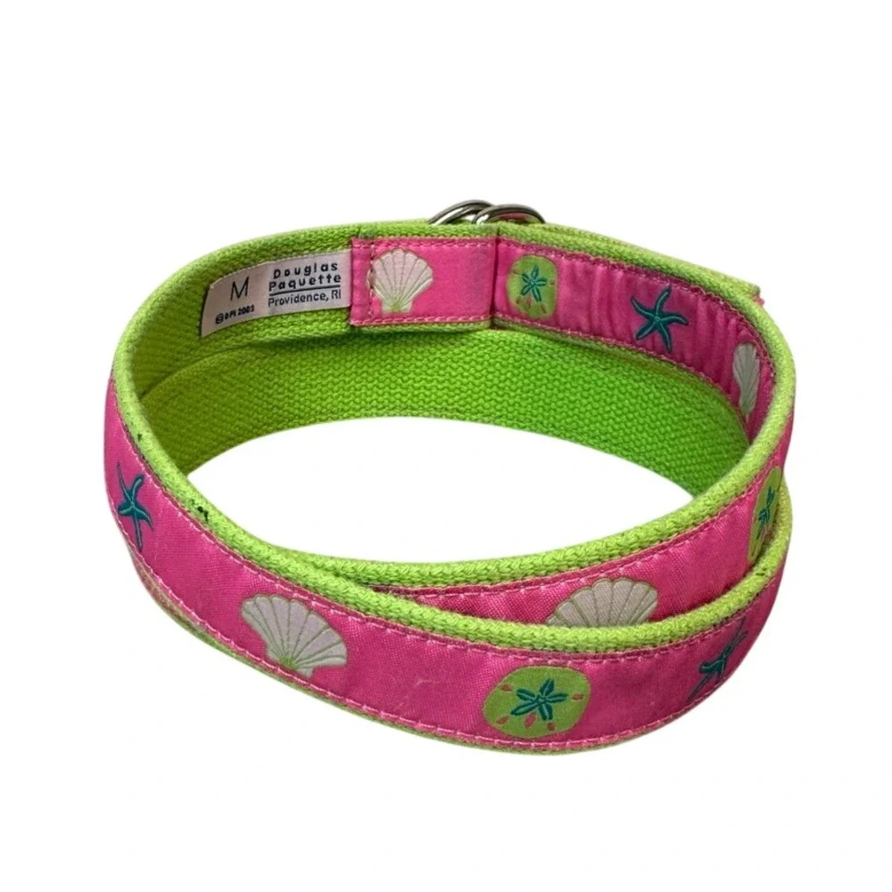 Douglas Paquette Pink Green Sea Shell Starfish D-Ring Canvas Belt Womens Medium